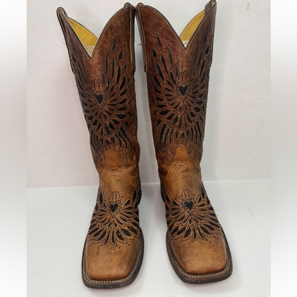 Cavender's Brown Leather Glitter Angel Wings Western Boots Size 8B. - Picture 1 of 12